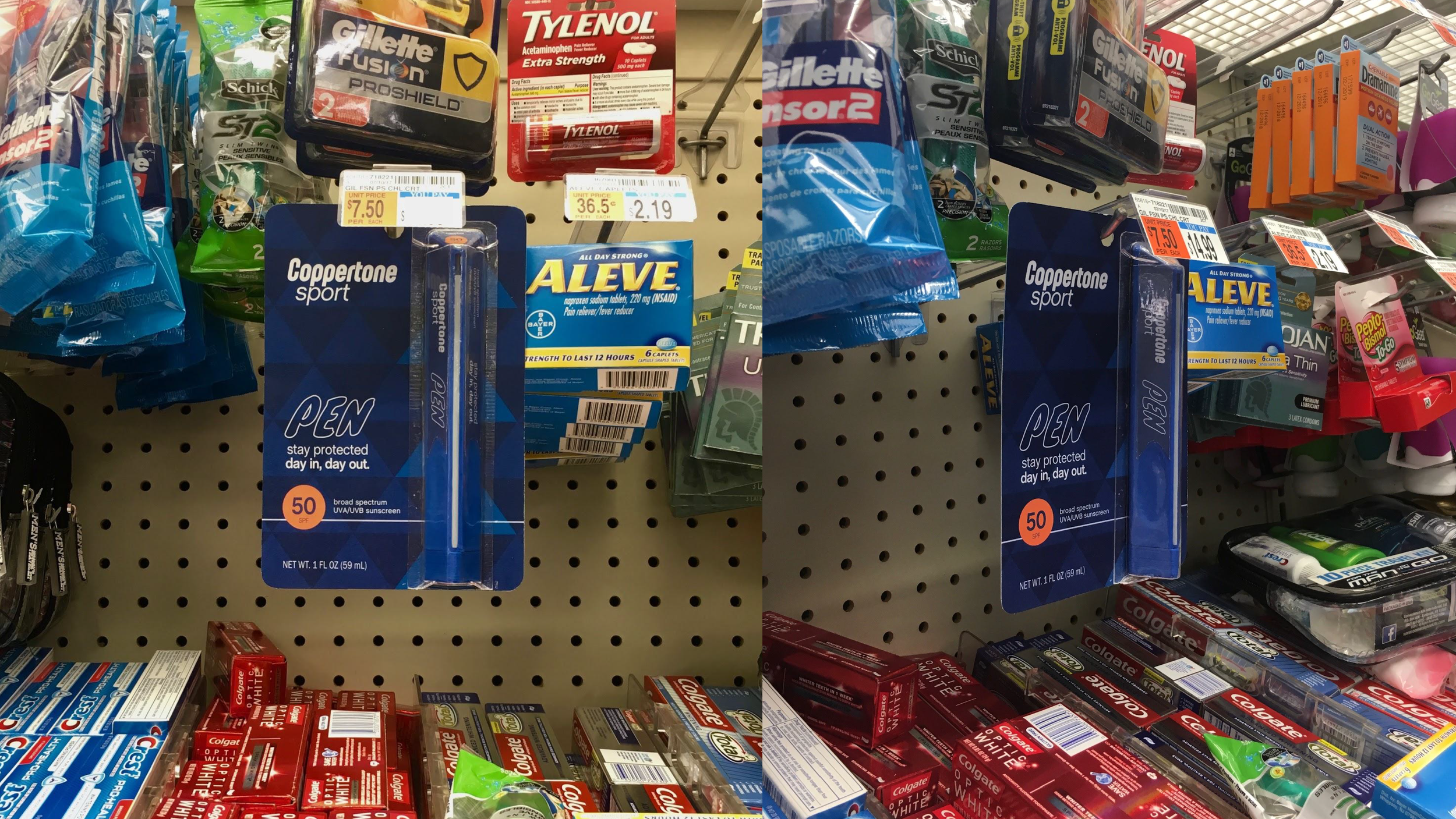 Coppertone Pen hanging on pegboard display