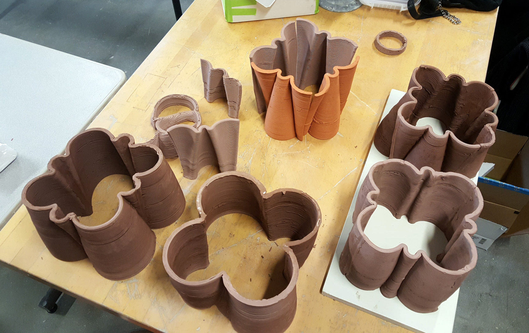Terracotta and clay segments grouped for firing