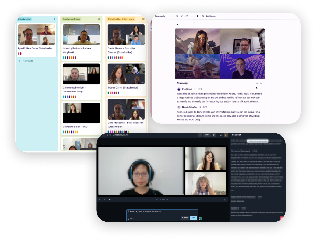 UNSW stakeholder interview pipeline — kanban, transcript analysis, video review