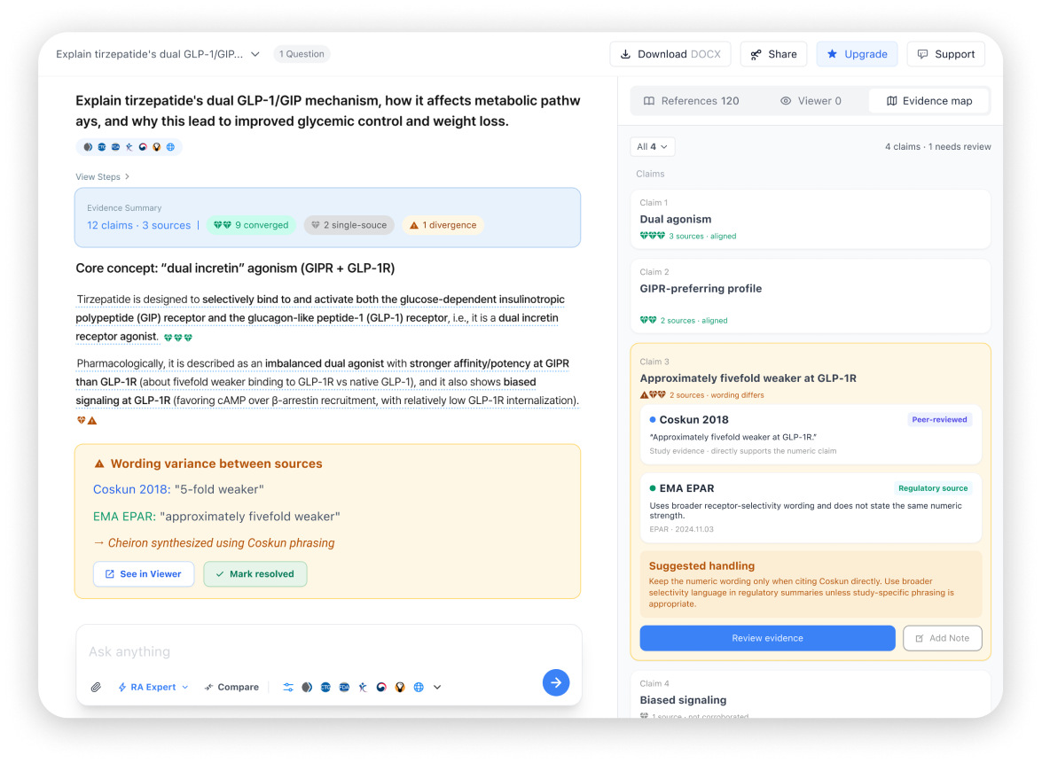 Cheiron — evidence summary, claims and source agreement
